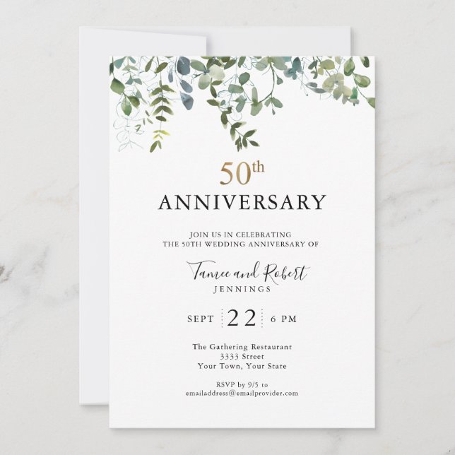  Watercolor Greenery 50th Wedding Anniversary Invitation (Front)