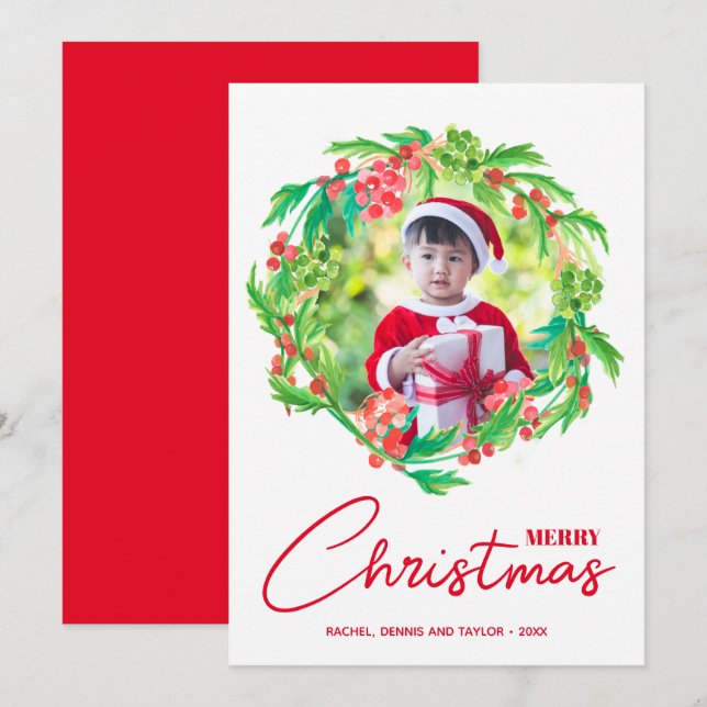 Watercolor Greenery and Berries Christmas Photo Holiday Card (Front/Back)