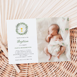 Watercolor Greenery and Chalice   Photo Baptism Invitation