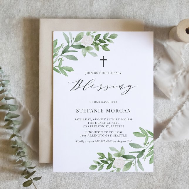 Watercolor Greenery and Flowers Baby Blessing Invitation (Creator Uploaded)