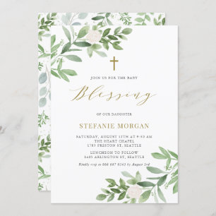 Watercolor Greenery and Flowers Baby Blessing Invitation