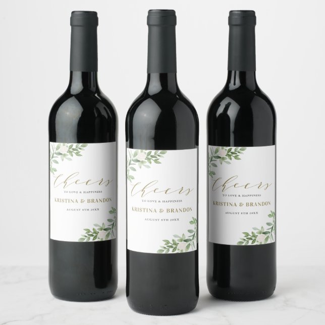 Watercolor Greenery and Flowers Cheers Wedding Wine Label (Bottles)