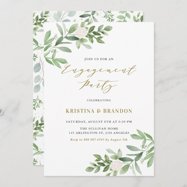 Watercolor Greenery and Flowers Engagement Party Invitation (Front/Back)