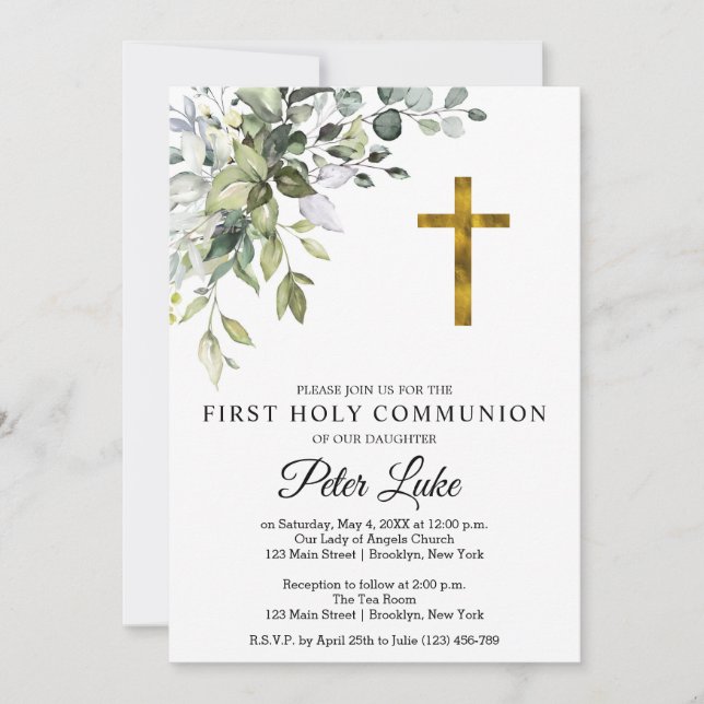 Watercolor Greenery and Flowers First Communion In Invitation (Front)