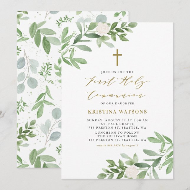 Watercolor Greenery and Flowers First Communion Invitation (Front/Back)