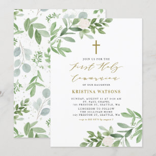 Watercolor Greenery and Flowers First Communion Invitation