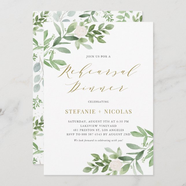 Watercolor Greenery and Flowers Rehearsal Dinner Invitation (Front/Back)