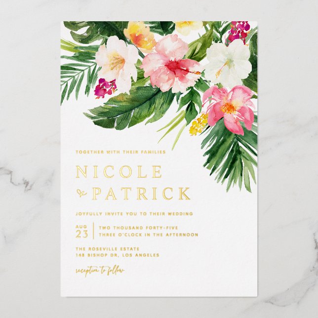Watercolor Greenery and Flowers Tropical Wedding (Front)