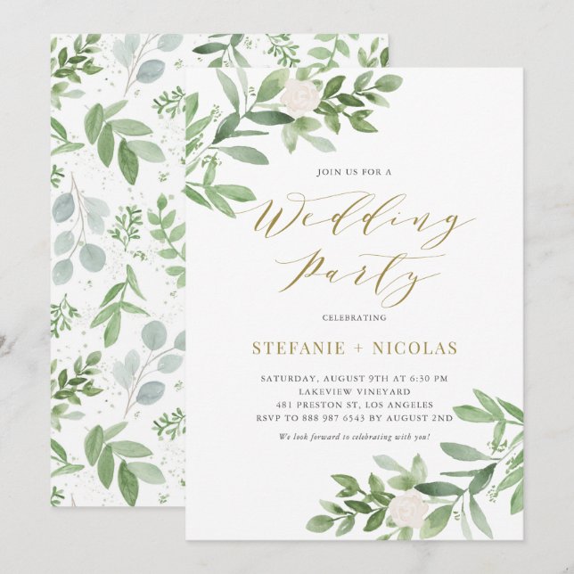 Watercolor Greenery and Flowers Wedding Shower Invitation (Front/Back)