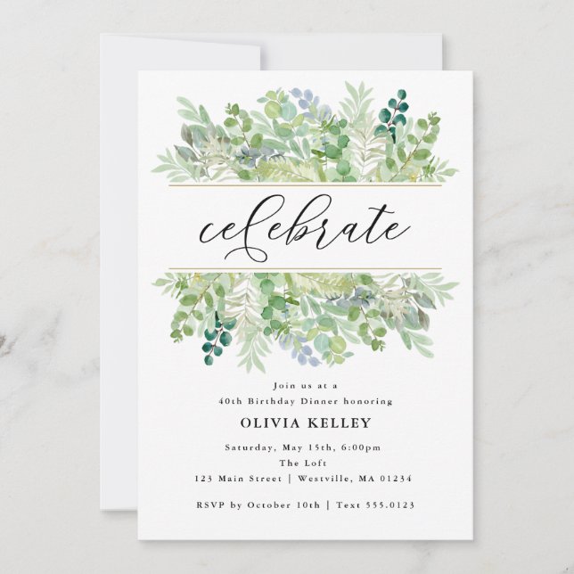 Watercolor Greenery and Foliage Party Invitation (Front)