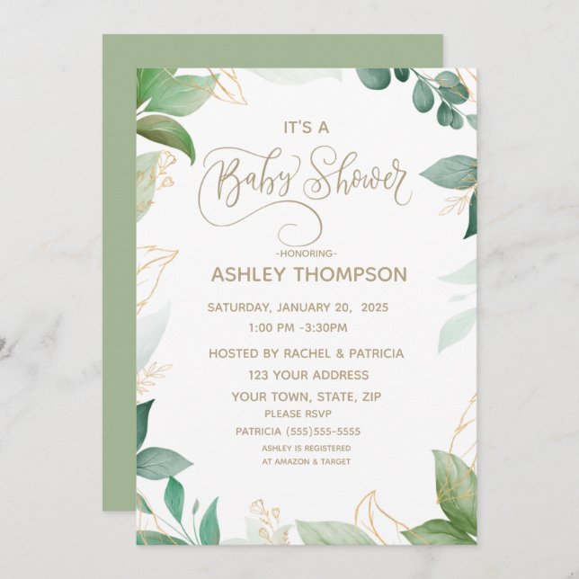   Watercolor Greenery and Gold  Baby Shower     Invitation (Front/Back)