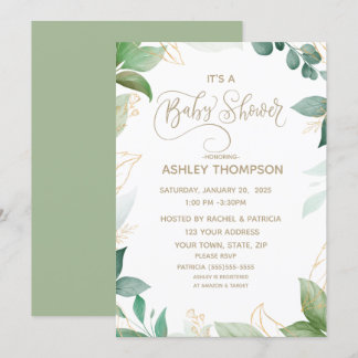 Watercolor Greenery and Gold Baby Shower Invitation