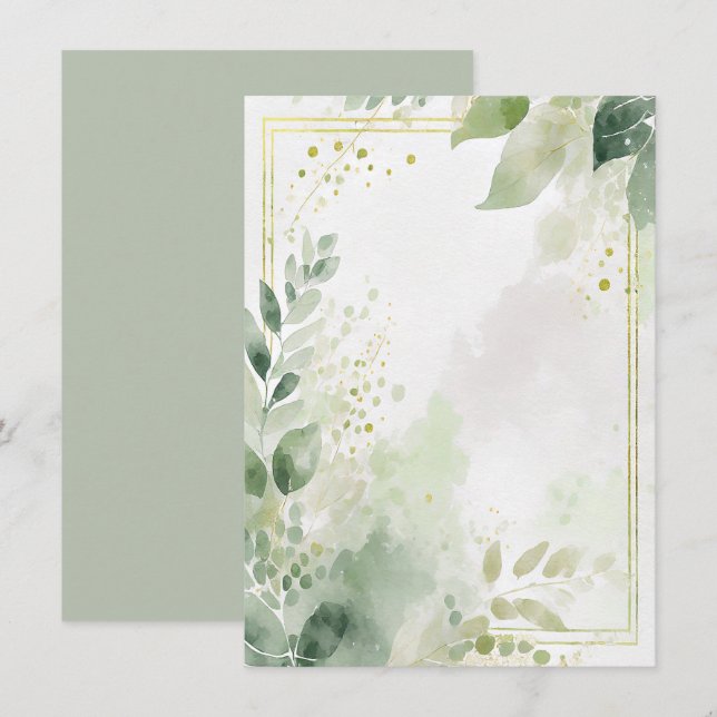 Watercolor greenery and gold blank Wedding Invitation (Front/Back)