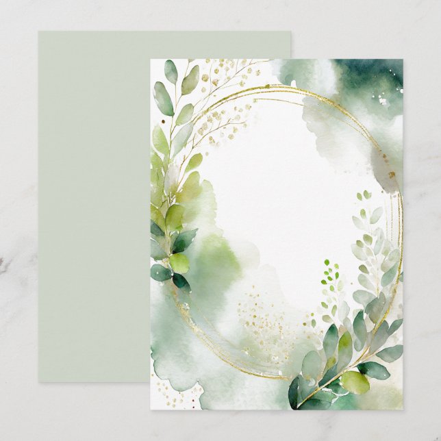 Watercolor greenery and gold blank Wedding Invitation (Front/Back)