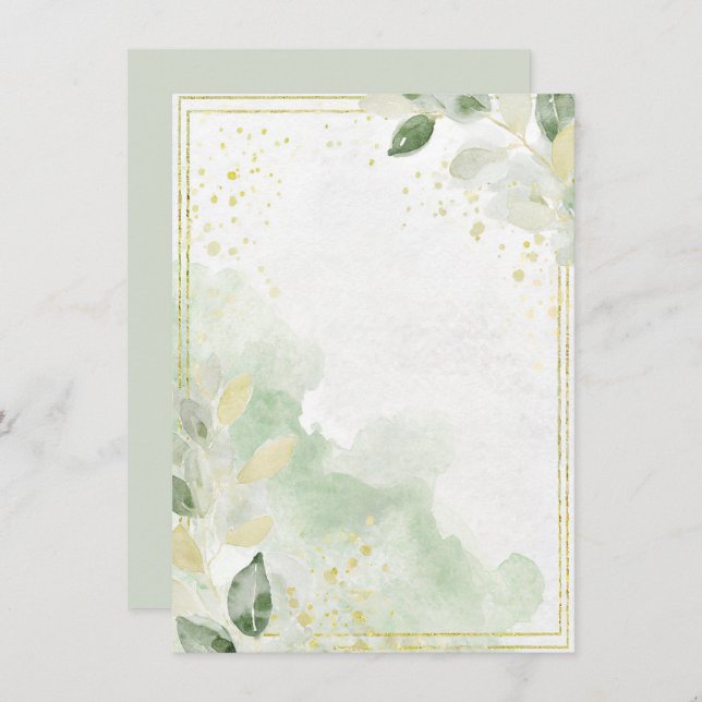 Watercolor greenery and gold blank Wedding Invitation (Front/Back)