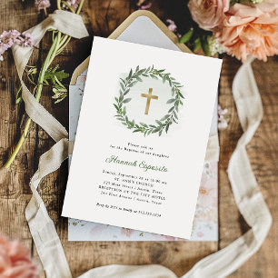 Watercolor Greenery and Gold Cross   Baptism Invitation