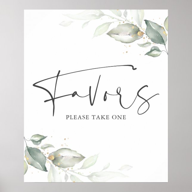 Watercolor Greenery and Gold Leaves Favours Sign (Front)