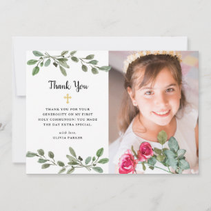 Watercolor Greenery and Gold Photo First Communion Thank You Card