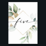 Watercolor Greenery and Gold Table Numbers Five<br><div class="desc">This table number design features an elegant arrangement of eucalyptus greenery and a minimal script font. Click the "Click to customise further" button to edit the script wording's colour and the background colour. See the entire collection for more matching items!</div>