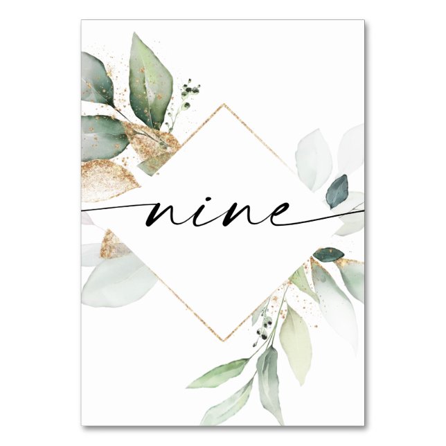 Watercolor Greenery and Gold Table Numbers Nine (Front)