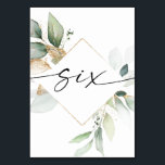 Watercolor Greenery and Gold Table Numbers Six<br><div class="desc">This table number design features an elegant arrangement of eucalyptus greenery and a minimal script font. Click the "Click to customise further" button to edit the script wording's colour and the background colour. See the entire collection for more matching items!</div>