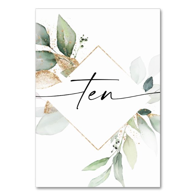 Watercolor Greenery and Gold Table Numbers Ten (Front)