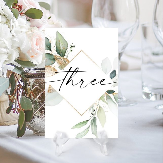 Watercolor Greenery and Gold Table Numbers Three (Creator Uploaded)