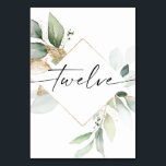 Watercolor Greenery and Gold Table Numbers Twelve<br><div class="desc">This table number design features an elegant arrangement of eucalyptus greenery and a minimal script font. Click the "Click to customise further" button to edit the script wording's colour and the background colour. See the entire collection for more matching items!</div>