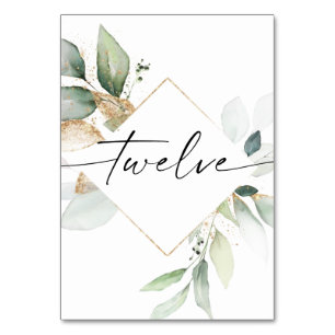 Watercolor Greenery and Gold Table Numbers Twelve
