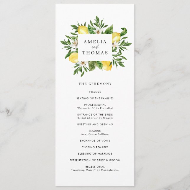 Watercolor Greenery and Lemons Wedding Ceremony  Programme (Front)