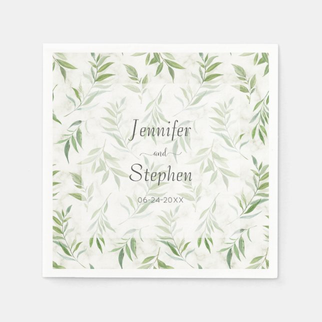 Watercolor Greenery and Marble Wedding Napkin (Front)