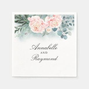 Watercolor Greenery and Pink Flowers Bouquet Chic Napkin