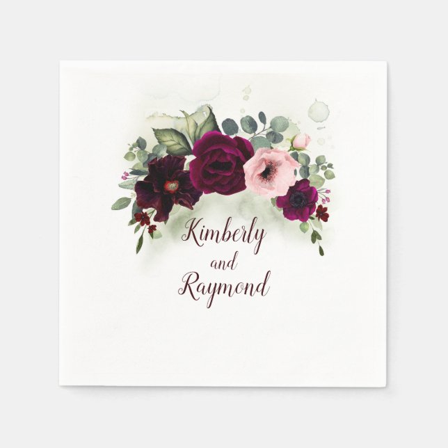 Watercolor Greenery and Red Flowers Bouquet Chic Napkin (Front)