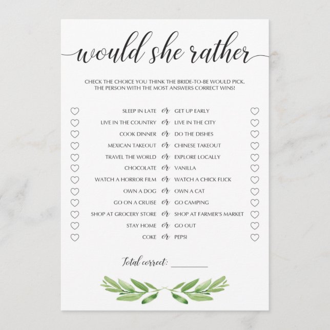 Watercolor Greenery and White Bridal Shower Game (Front)