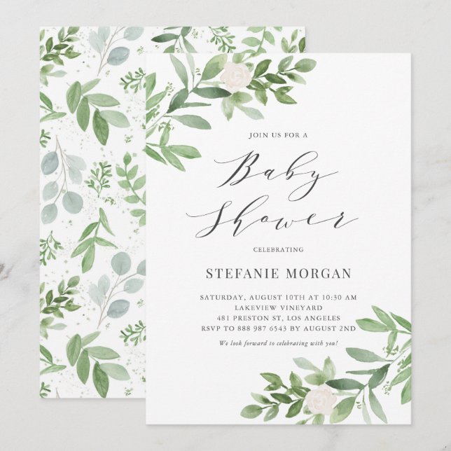 Watercolor Greenery and White Floral Baby Shower Invitation (Front/Back)