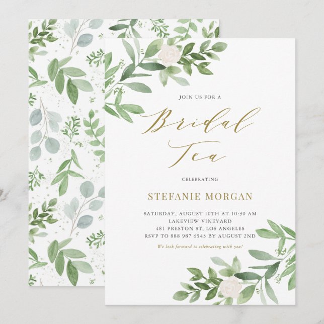 Watercolor Greenery and White Floral Bridal Tea Invitation (Front/Back)