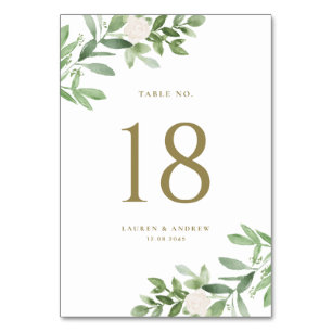 Watercolor Greenery and White Floral Gold Wedding Table Number