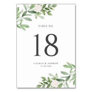 Watercolor Greenery and White Floral Grey Wedding Table Number
