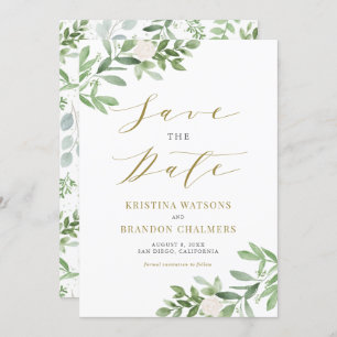 Watercolor Greenery and White Flowers Gold Save The Date