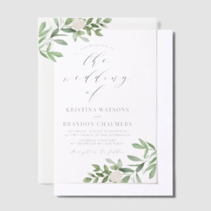 Watercolor Greenery and White Flowers Gray Wedding Vellum Invitations