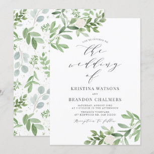 Watercolor Greenery and White Flowers Grey Wedding Invitation