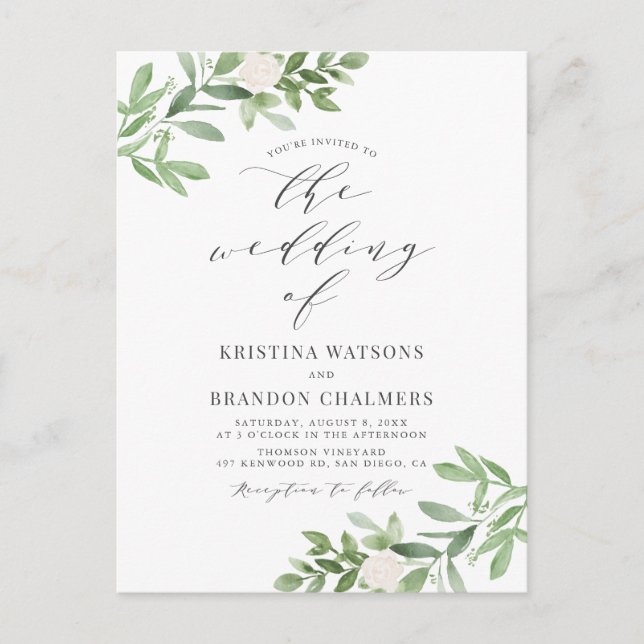 Watercolor Greenery and White Flowers Grey Wedding Invitation Postcard (Front)
