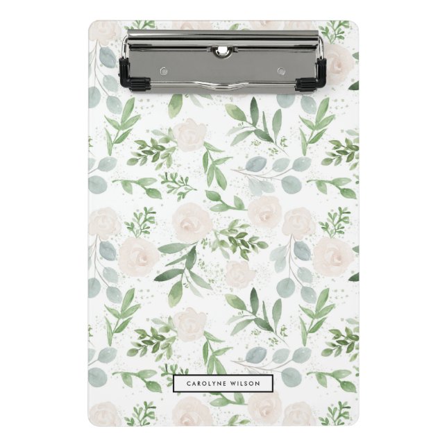 Watercolor Greenery and White Flowers Pattern Mini Clipboard (Front)