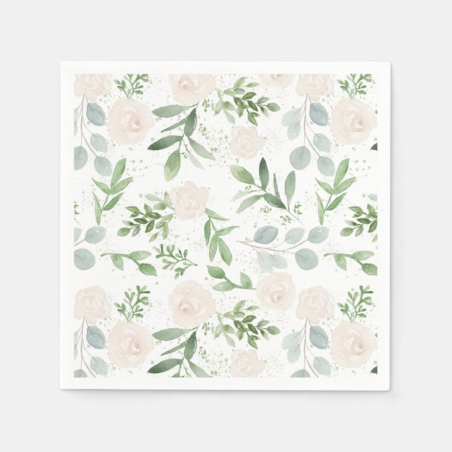 Watercolor Greenery and White Flowers Pattern Napkin (Front)