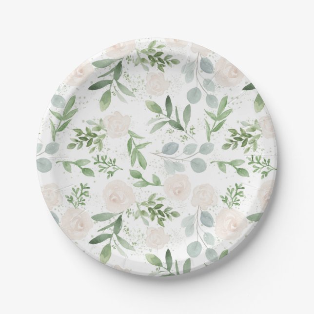 Watercolor Greenery and White Flowers Pattern Paper Plate (Front)