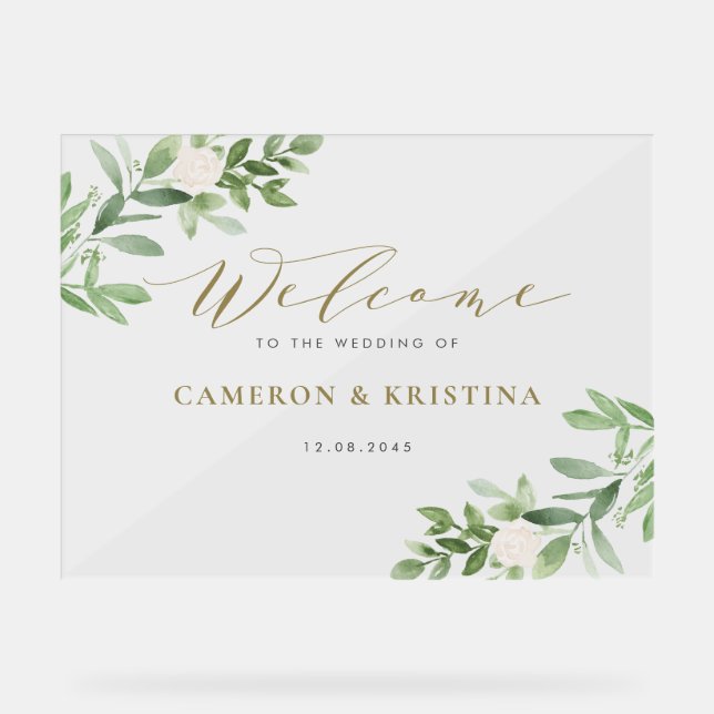 Watercolor Greenery and White Flowers Wedding Acrylic Sign (Front)