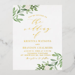 Watercolor Greenery and White Flowers Wedding Foil Invitation Postcard