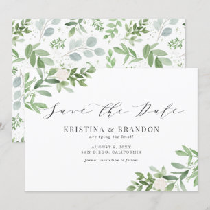 Watercolor Greenery and White Flowers Wedding Grey Save The Date