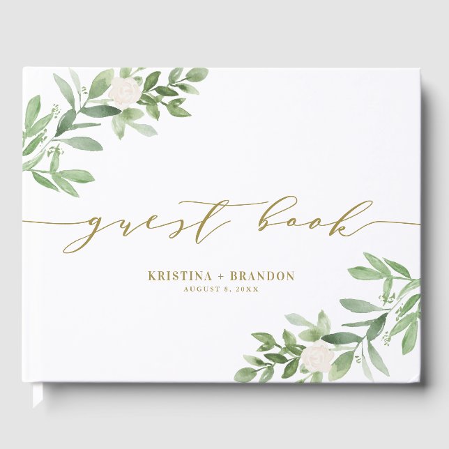 Watercolor Greenery and White Flowers Wedding Guest Book (Front)