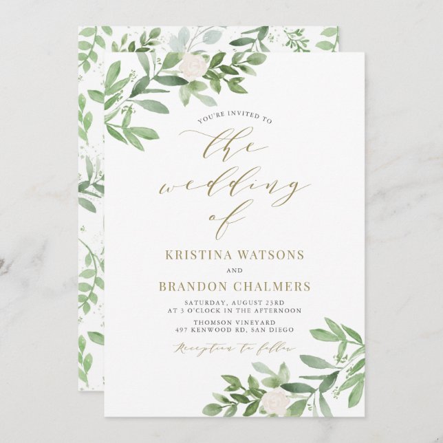 Watercolor Greenery and White Flowers Wedding Invitation (Front/Back)